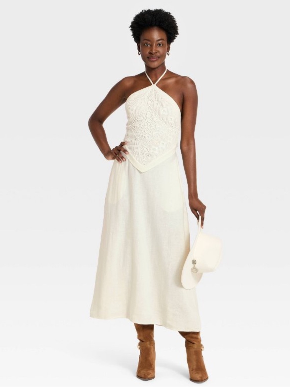 a new day Sleeveless Embroidered Skater Cream Crochet Halter Midi Dress NWT L - Picture 3 of 7
